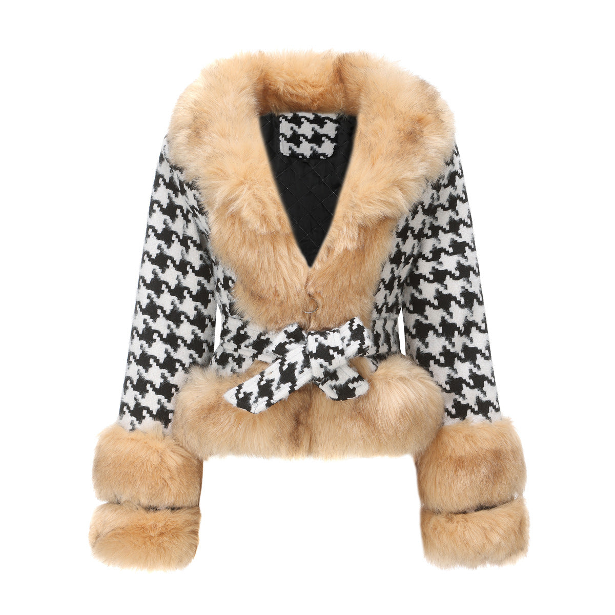 Plaid Detachable Short Fur Collar Houndstooth Coat