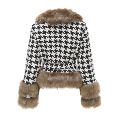 Plaid Detachable Short Fur Collar Houndstooth Coat