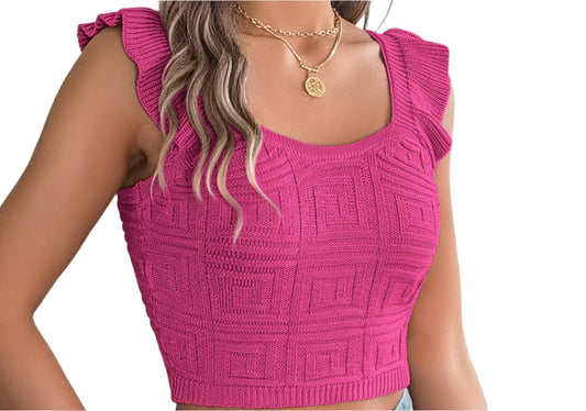 Solid Color Square Collar Sleeveless Sweater Cropped Top