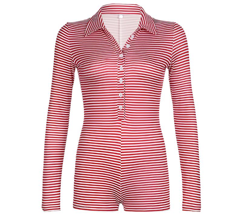 Striped Polo Collar Loungewear Romper