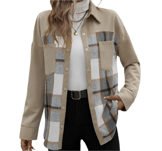 Collared Patchwork Plaid Outerwear Coat