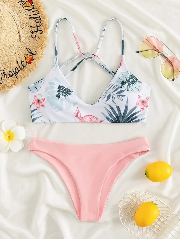 Floral Swimsuit Criss Cross Split Bikini