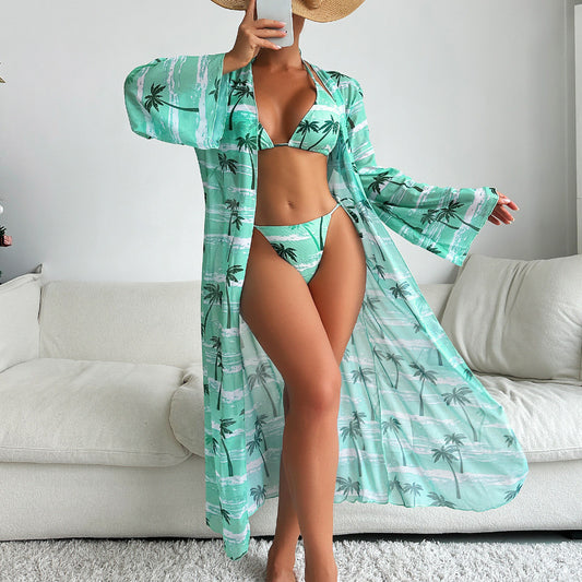 Printing Mesh Sunken Coverup Three-Piece Swimsuit