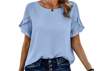 Solid Color Lace Short Sleeved Blouse