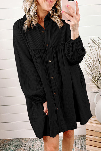 Patchwork Pleated Long Sleeve Shirt Dress