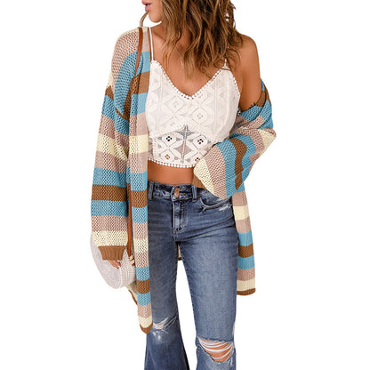 Striped Contrast Color Mid Length Long Sleeve Cardigan