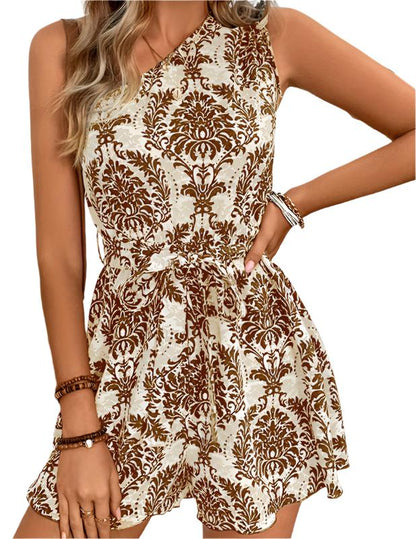 Printed Drawstring Off Shoulder Romper