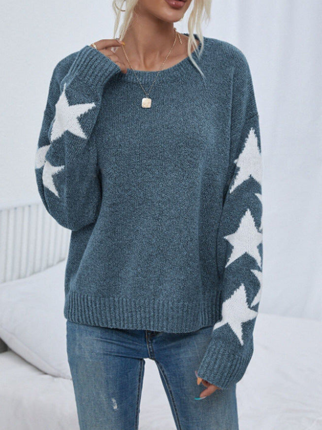 Long Sleeved Knitted Jacquard Round Neck Pullover Sweater