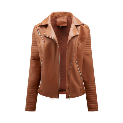 European Leather Collared Motorcycle Oblique Zipper Jacket