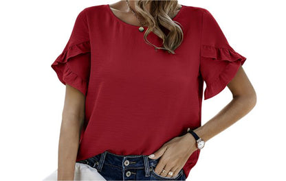 Solid Color Lace Short Sleeved Blouse