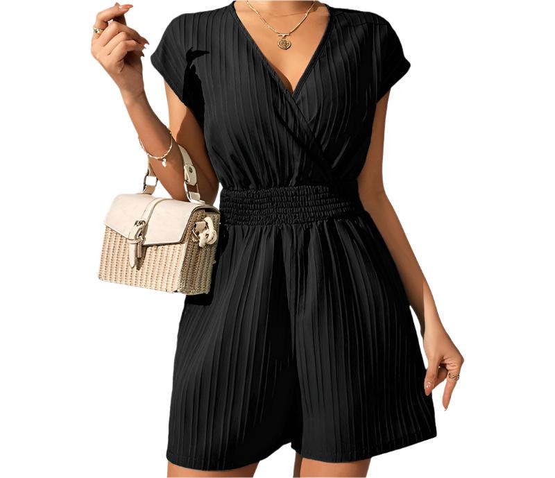 Jacquard Striped Smocking Cross Collar Bandage Bow Romper