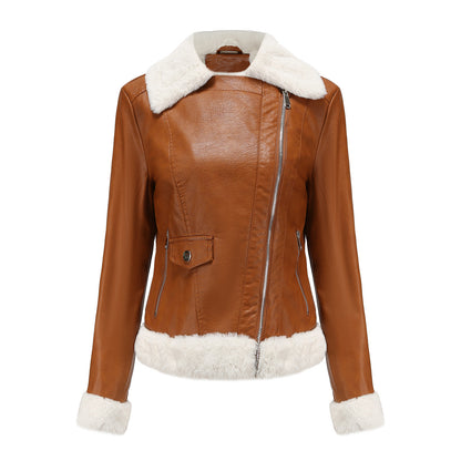 Fleece Leather European Warm Turn down Collar Coat Jacket