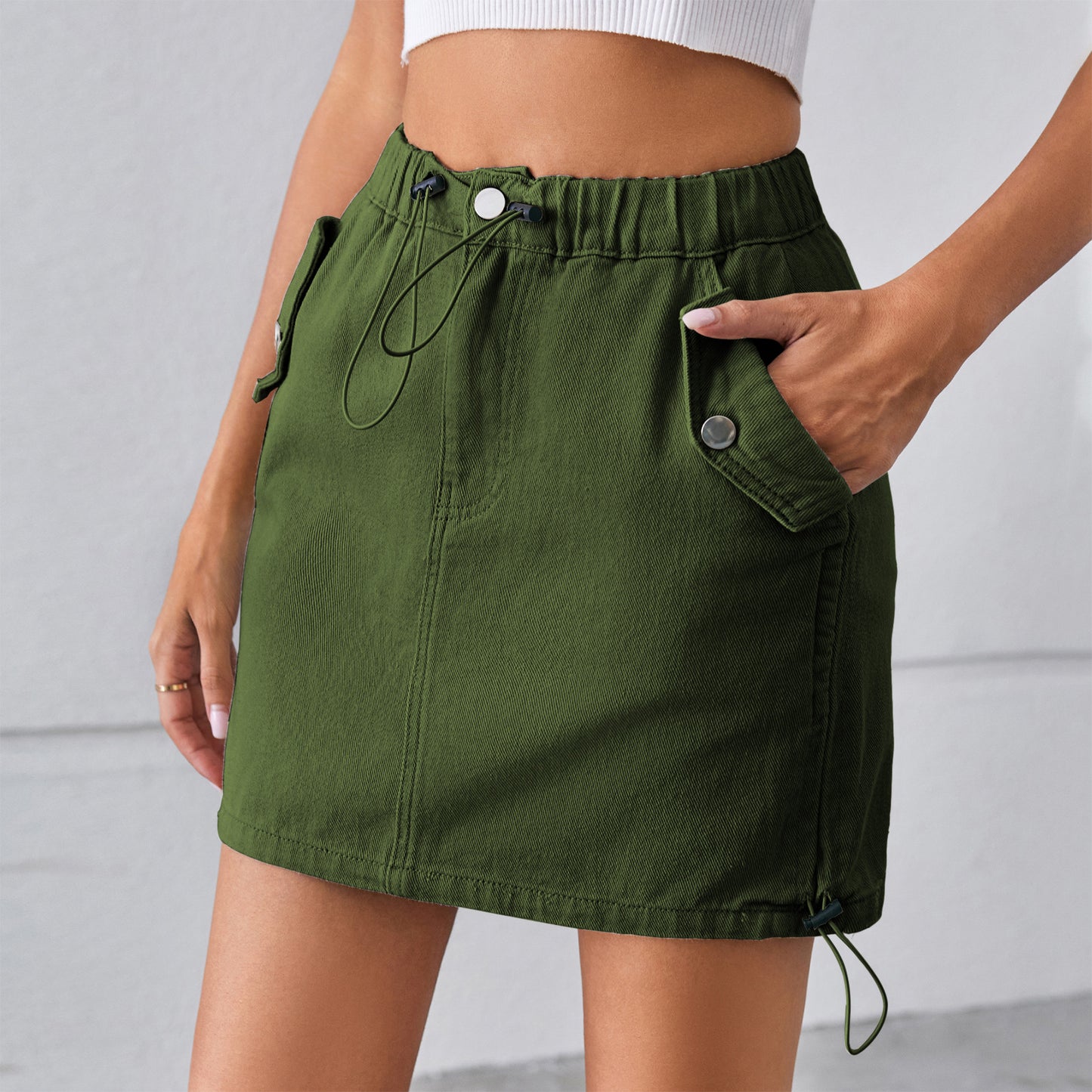 Summer Washed Drawstring Elastic Waist Denim Skirt