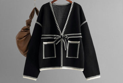 Knitted Lace-up Waist Pocket Cardigan