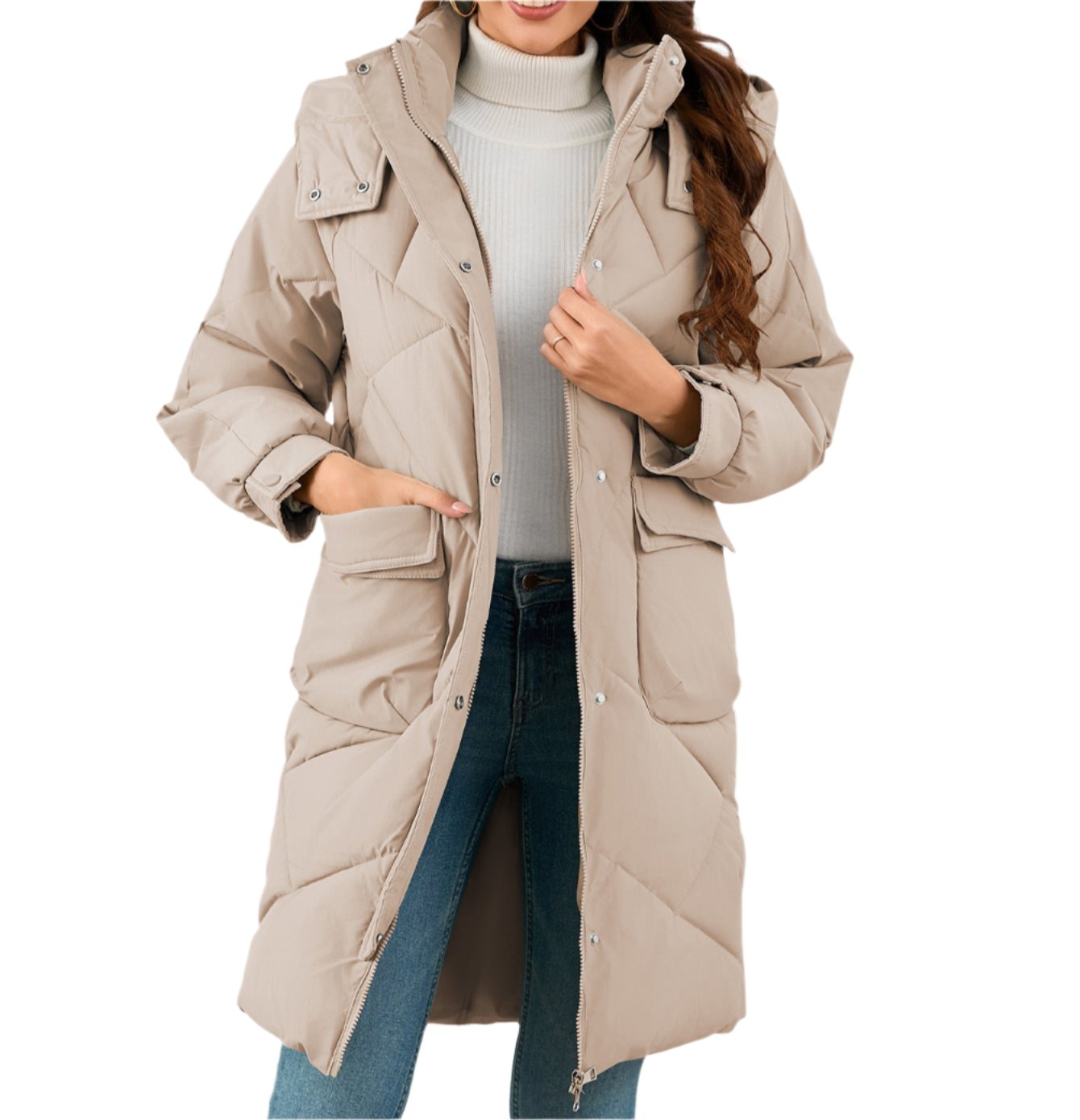 Stand Collar Mid Length Cotton Padded Coat