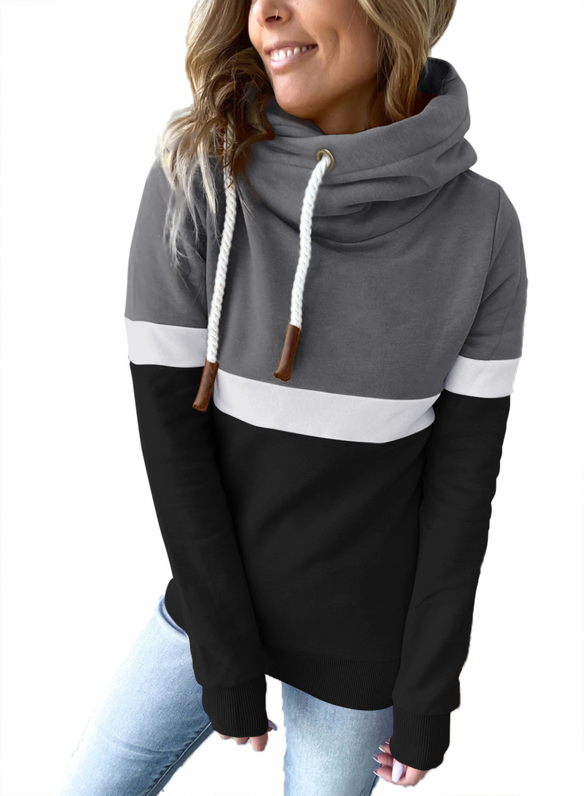 Color Stitching Casual Pullover Hooded Sweatshirt