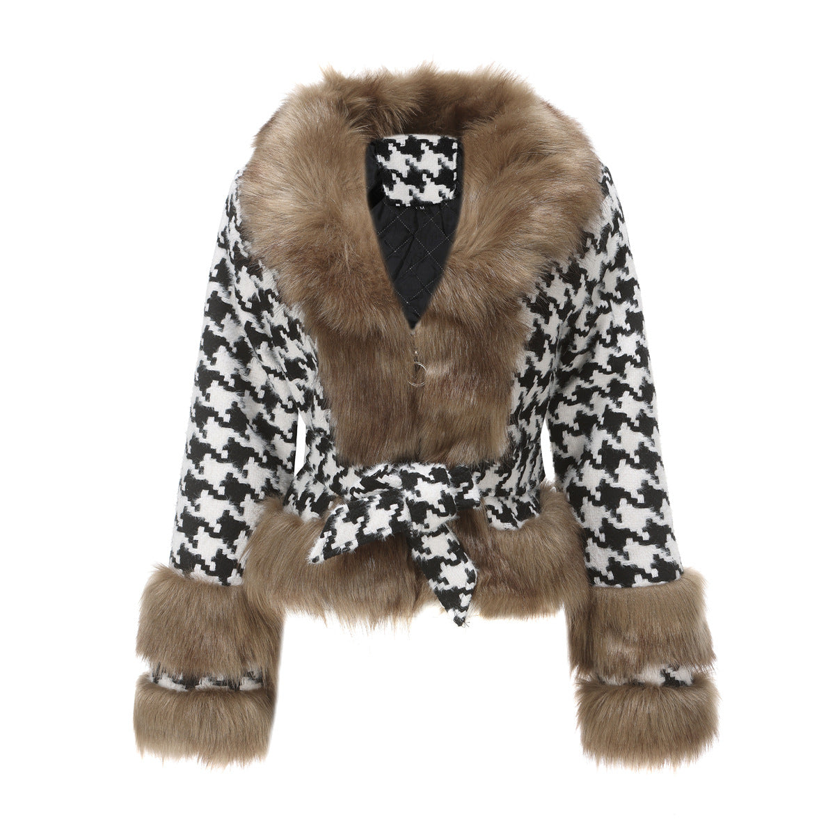 Plaid Detachable Short Fur Collar Houndstooth Coat