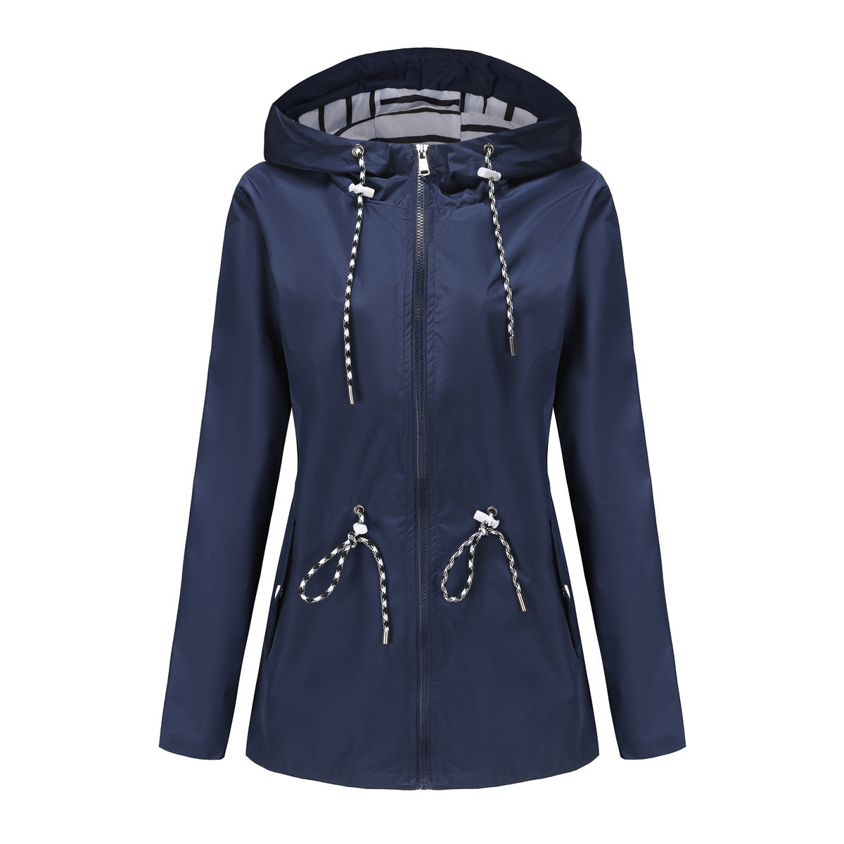 Long Sleeved Waterproof Hooded Mid Length Trench Raincoat