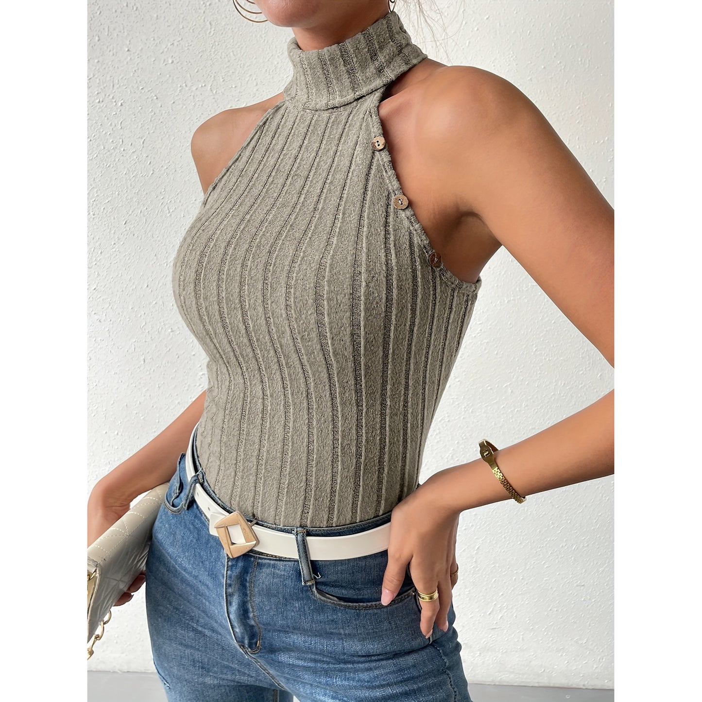 Sleeveless Turtleneck Slim Tight Knitted Top