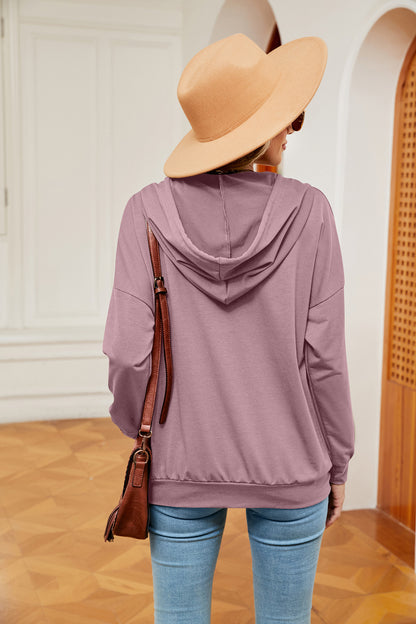 Solid Color Buttons Drawstring Pocket Loose Long-Sleeve Sweatershirt