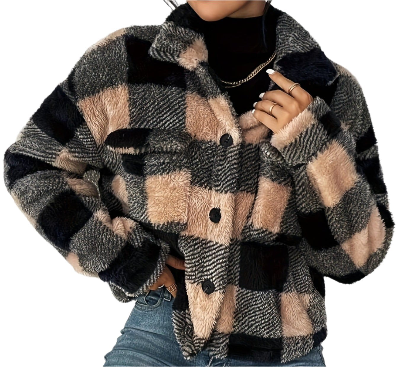 Popular Double Sided Plush Check Pattern Jacket Coat