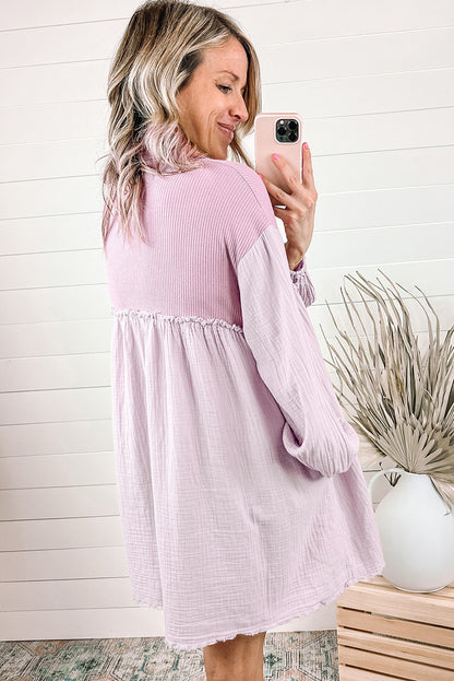 Patchwork Pleated Long Sleeve Shirt Dress