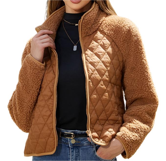 Autumn Winter Zipper Long Sleeve Plush Stitching Coat