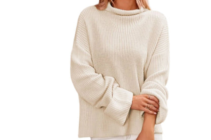 High Collar Slit Hemline Bell Sleeve Sweater