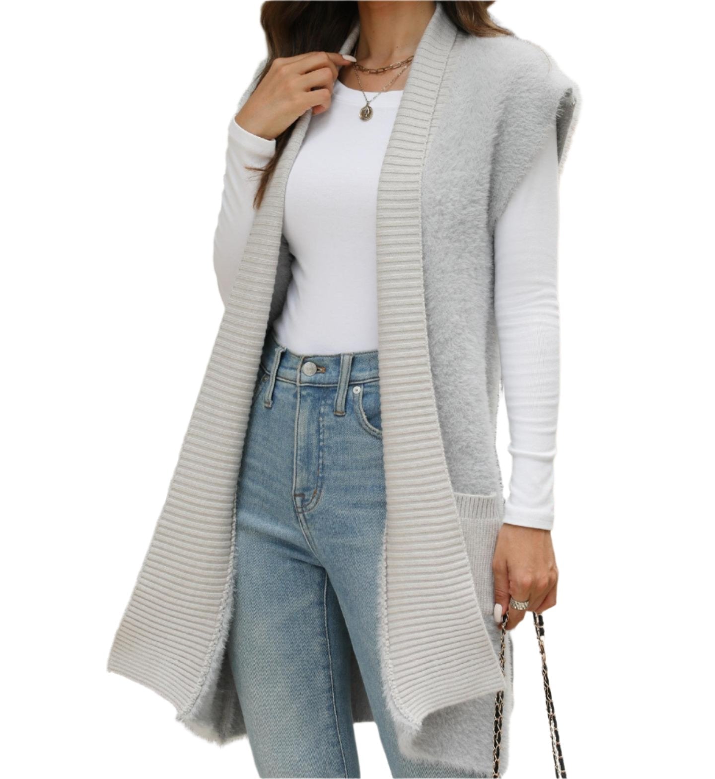 Mid-Length Mink Like Sleeveless Knitted Cardigan Sweater