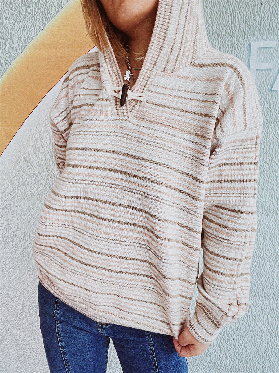 Hoodie Loose Striped Pullover Horn Button Sweater