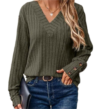 Sunken Stripe V-neck Button Long Sleeved Sweater