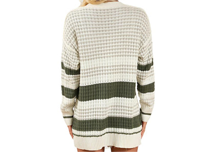 Contrast Color Knitted Mid Length Striped Cardigan