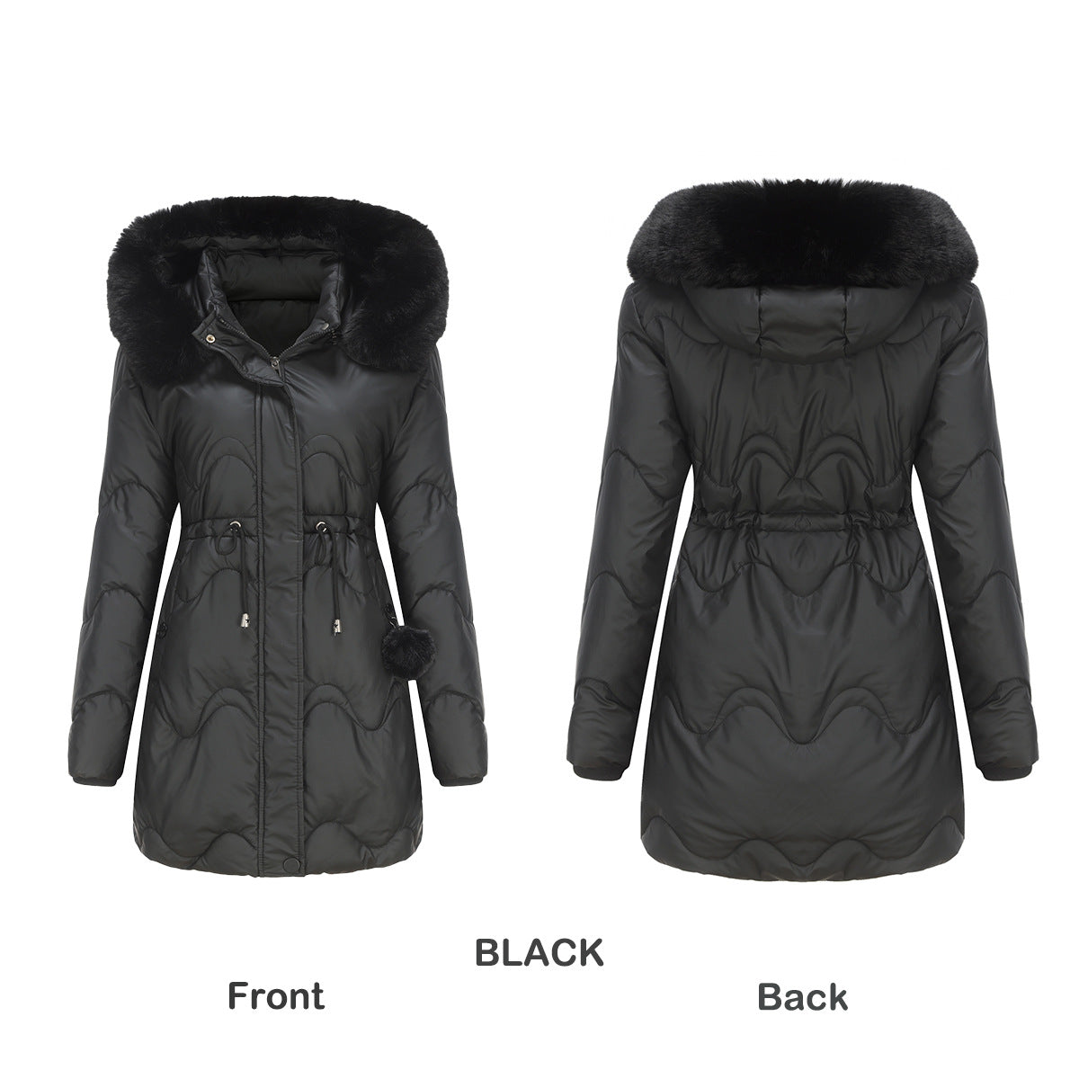 Cotton Detachable Wool Hooded Mid Length Parka Coat