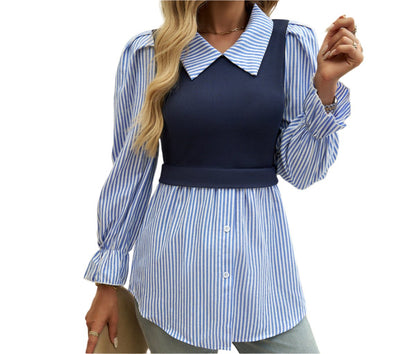 Bubble Sleeve Casual Striped Vest Shirt