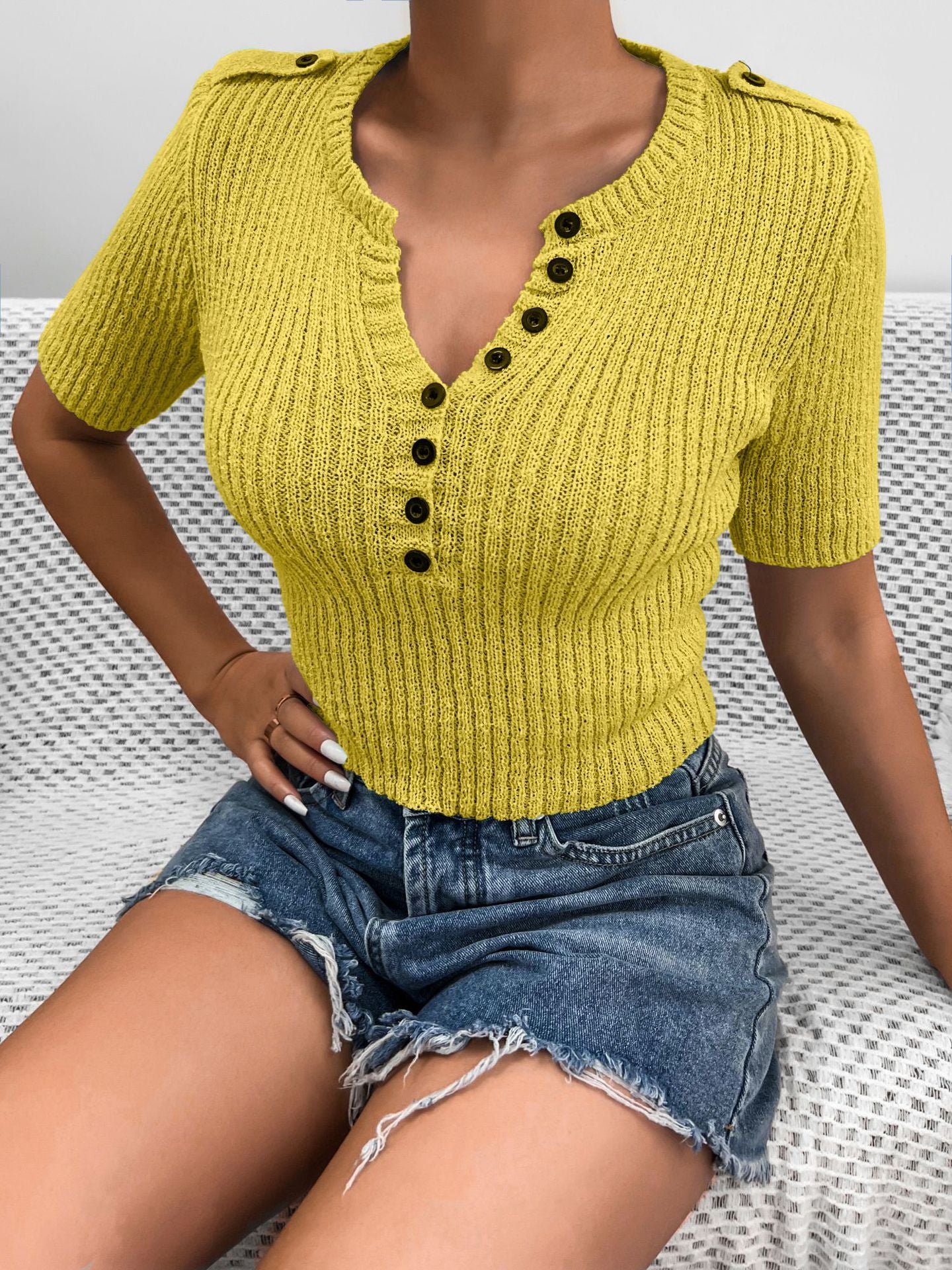 Knitted Button Short Sleeve Top