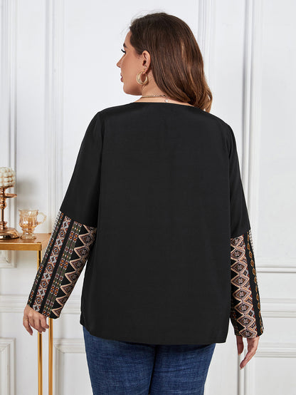 Popular Spring Stitching Printing Long Sleeve Blouse Top