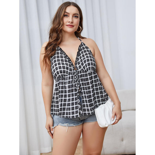 Plus Size Loose Plaid V-neck Oversized Top