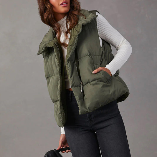 Solid Color Vest Collared Sleeveless Cotton Puffer Padded Vest