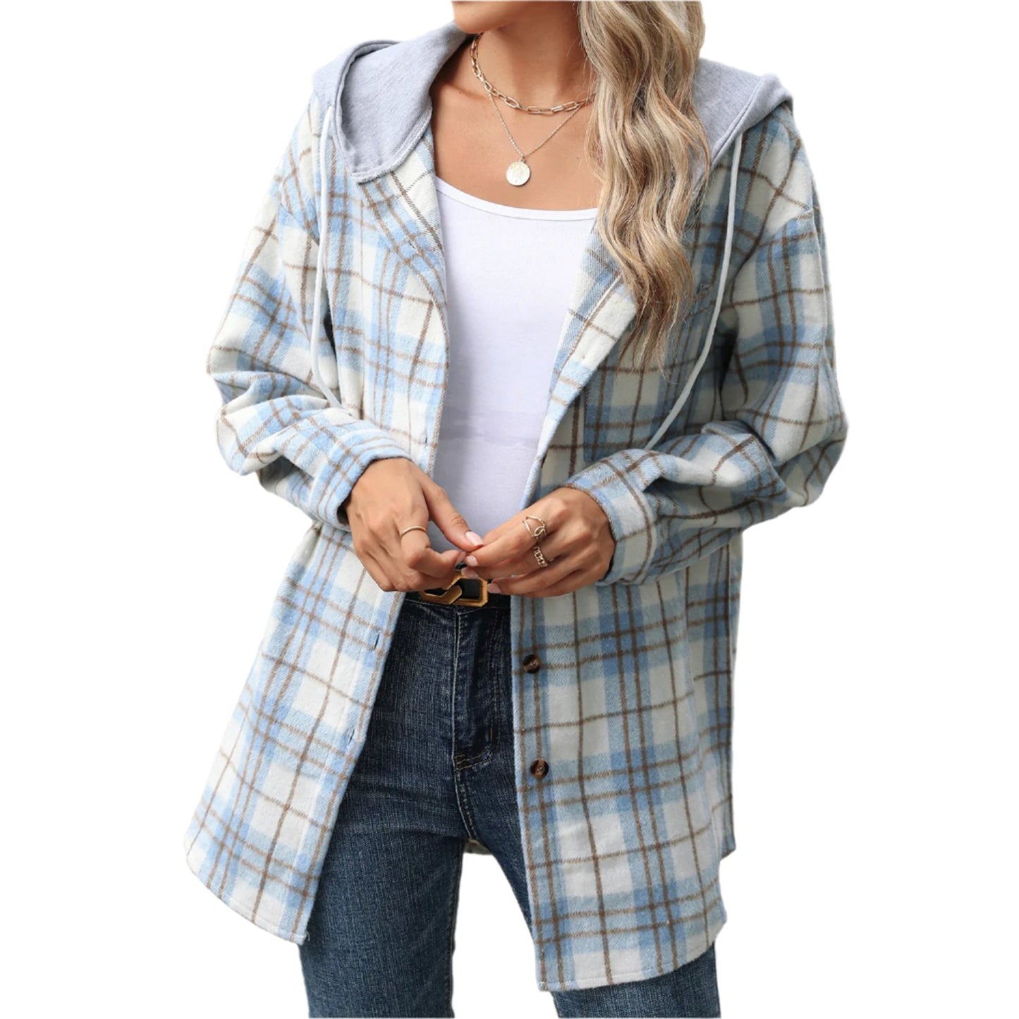 Plaid Contrast Color Hooded Woolen Coat