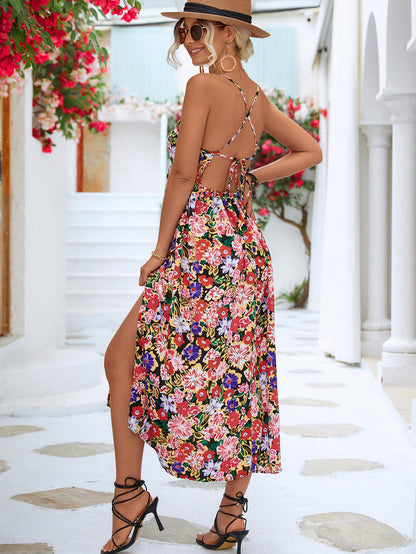 Floral Backless Slit Strap Dress