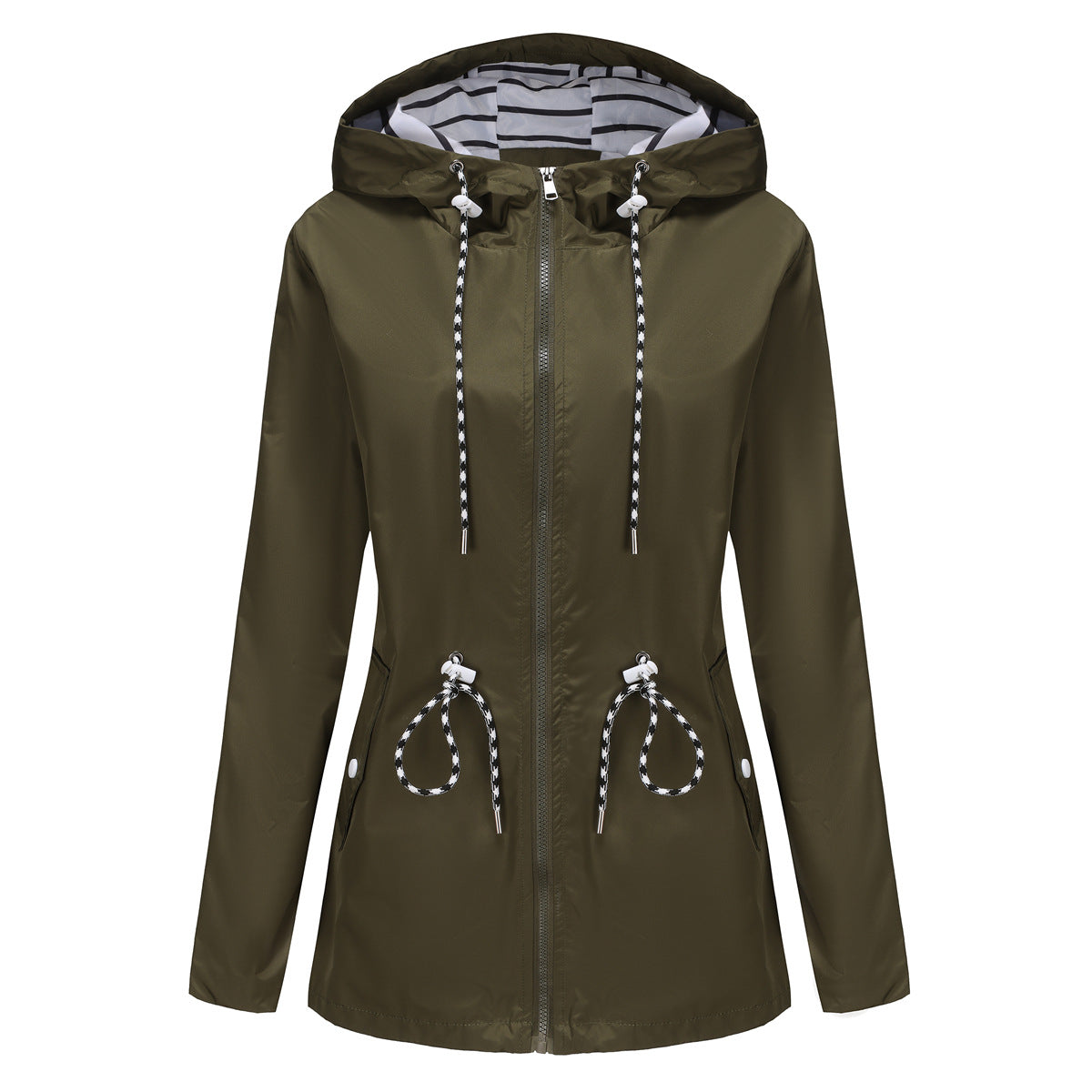 Long Sleeved Waterproof Hooded Mid Length Trench Raincoat