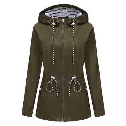 Long Sleeved Waterproof Hooded Mid Length Trench Raincoat