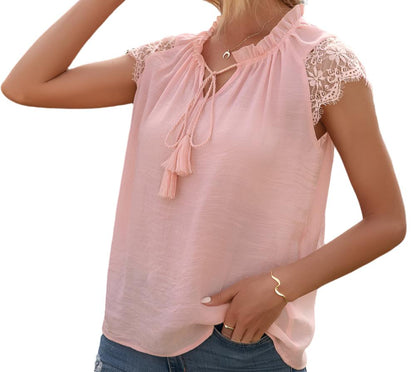 Hollow Cutout Lace Stitching Tied V-neck Top