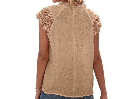 Hollow Cutout Lace Stitching Tied V-neck Top