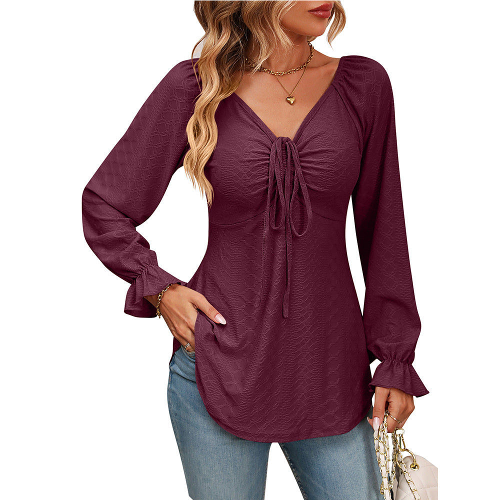 V-Neck Drawstring Girdle Sexy Long Sleeve Top