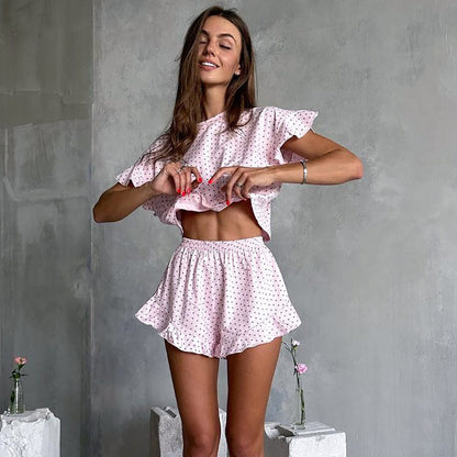 Casual Loose Jacquard Ruffled Short Sleeve Shorts Two Piece Pajamas