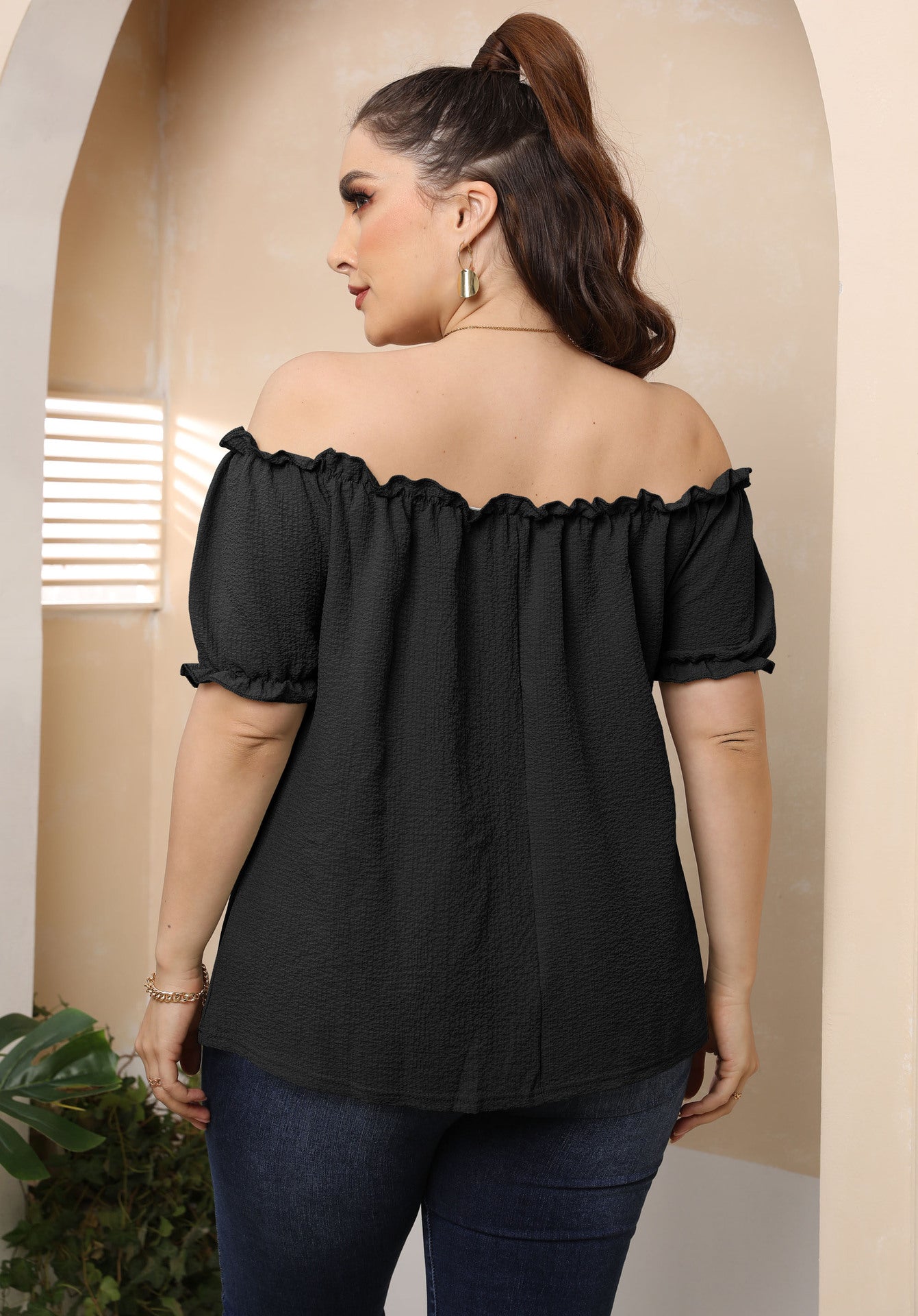 Plus Size Ruffled off-Shoulder Sexy Casual Sweet Short-Sleeved Top