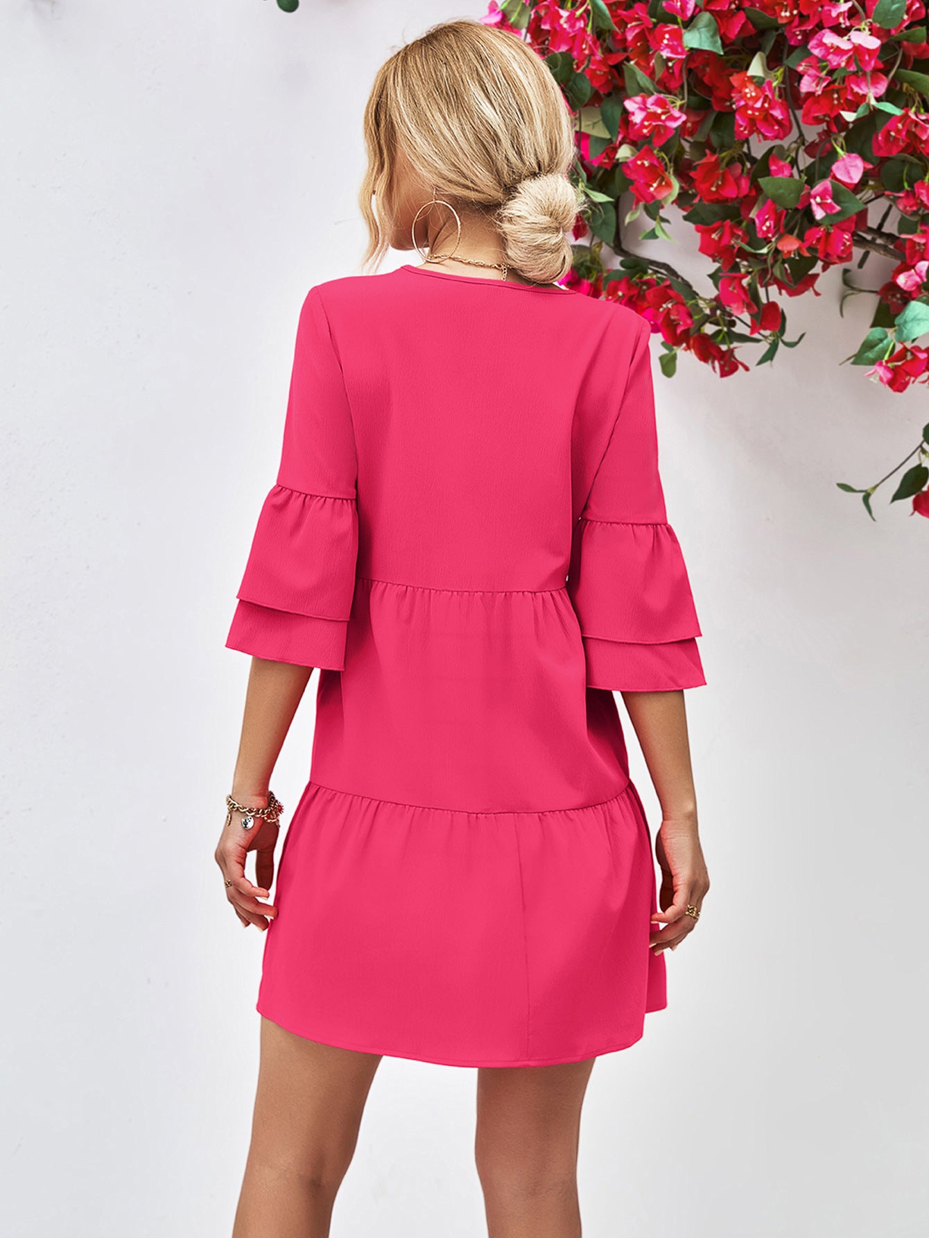 Popular Double Layer Bell Sleeve V-neck Dress