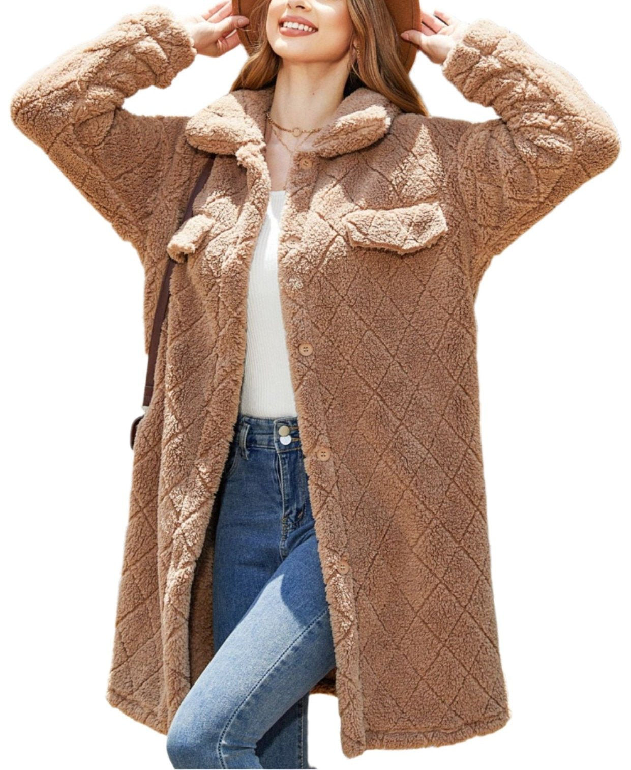 Autumn Winter Plush Loose Single Breasted Diamond Coat