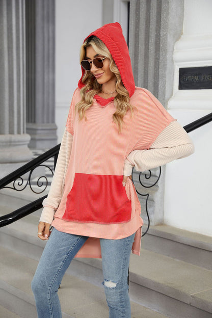 Contrast Color Pocket Long Sleeve Loose Hooded Sweater